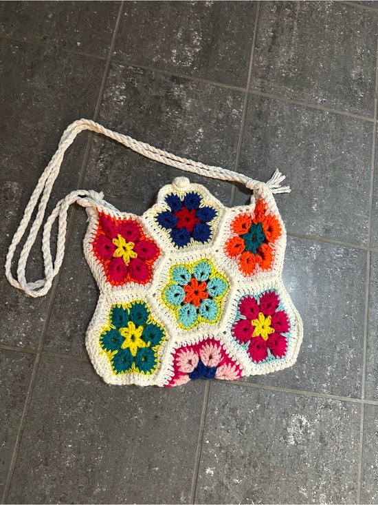 Handbags - Handmade Crochet Floral Crossbody Bag in Multicolor and White